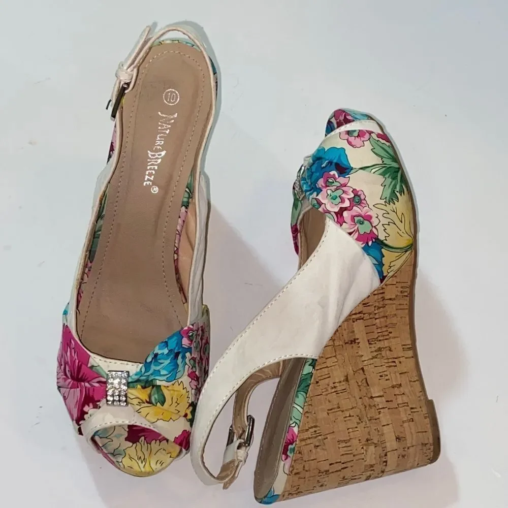 Nature Breeze Gabriela -01 Floral Wedge Sandals - White and Multicolor Size 10